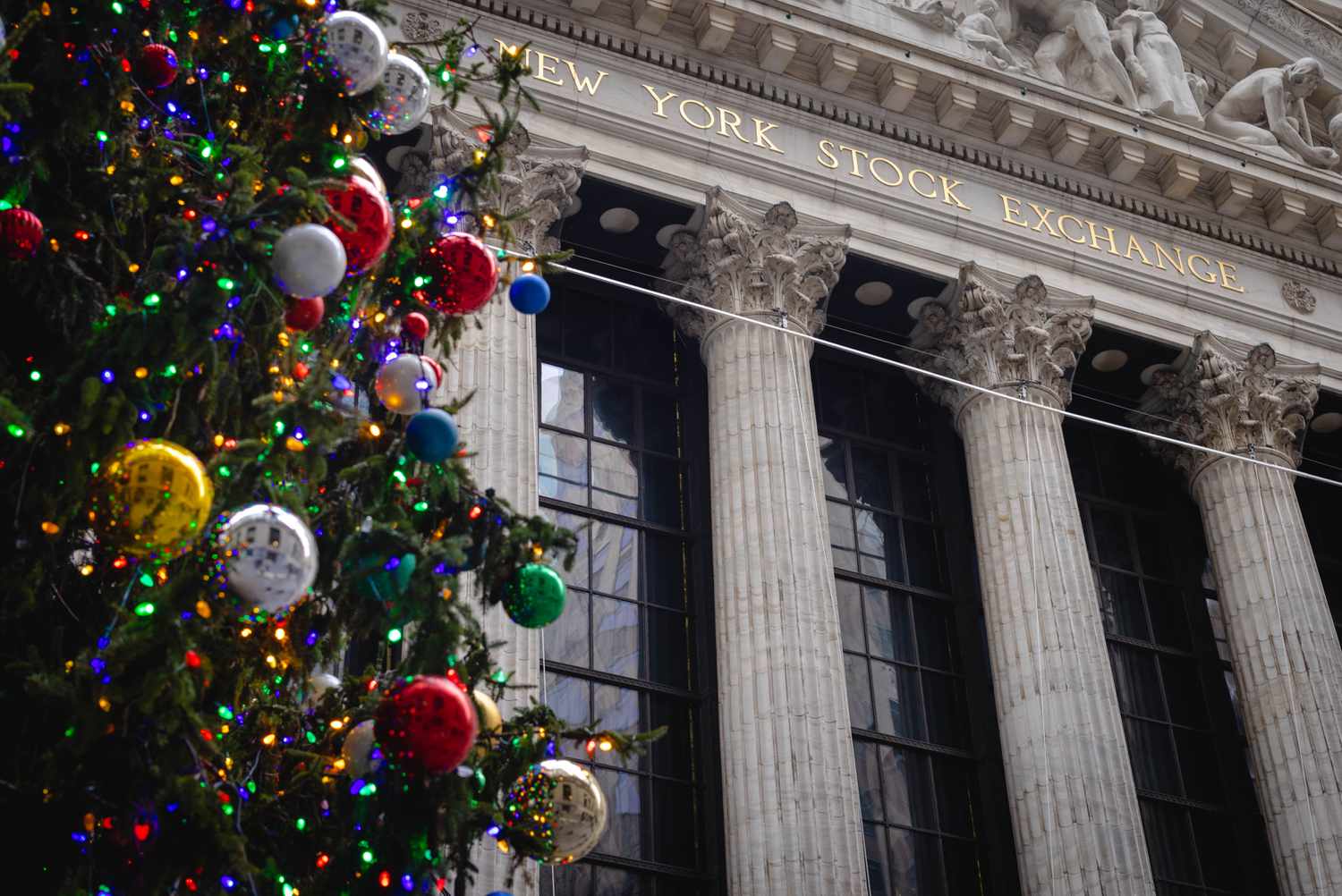 A Christmas tree in front of the New York Stock Exchange.