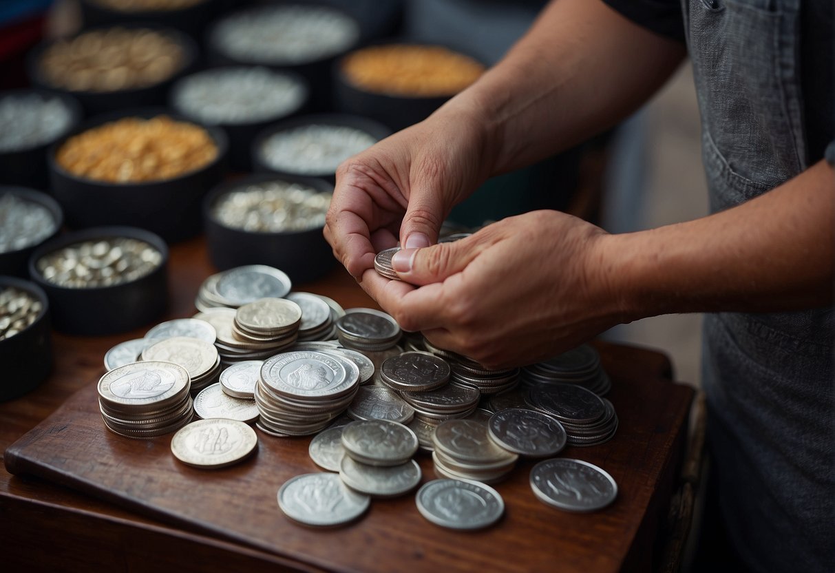 A person stacking and examining silver coins with bowls of coins in the background.