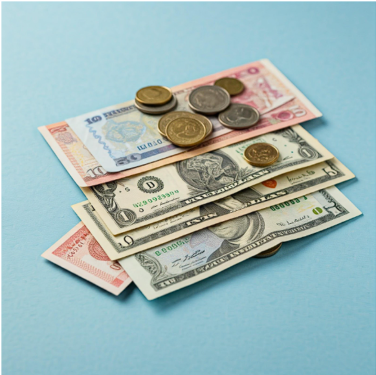 A stack of various currencies and coins on a blue background, symbolizing financial markets and trading strategies.